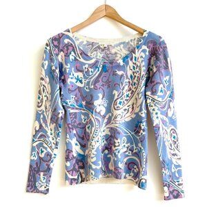 My Tribe Womens 100% Cashmere Sweater Blue Purple White Paisley Print Very Soft